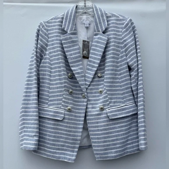 J. Jill Classic Blue and White Striped Double Breasted Blazer Size petite XS - Picture 2 of 14
